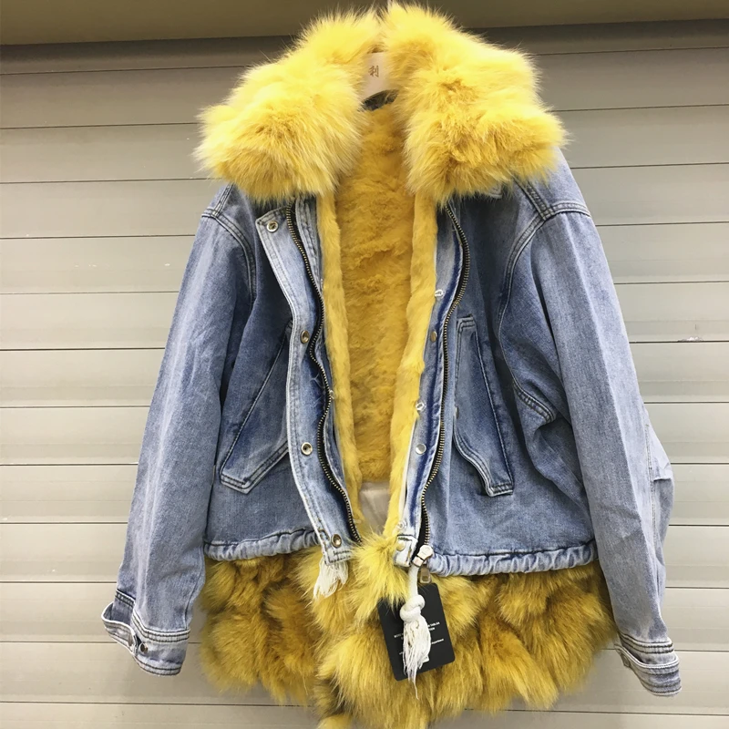 low cost  Natural Fox Fur Collar + Detachable Rabbit Fur Liner Denim Coat Winter Women Thickened Warm Coat Ja