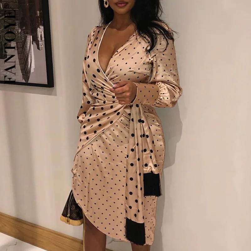 

FANTOYE Satin Polka Dot Dress Women Sexy Deep V-Neck Long Sleeve Bandage Dress New Female Elegant Champagne Loose Dress Vestidos