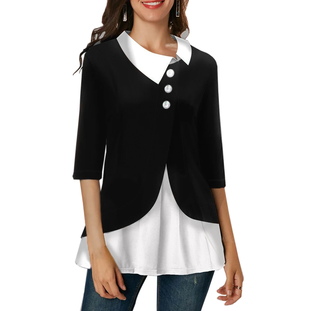 

MoneRffi 2020 Spring New Women Classic T-shirts Women Lapel Neck Loose 3/4 Sleeve T-shirt Casual Fashion Pullover Female Shirts