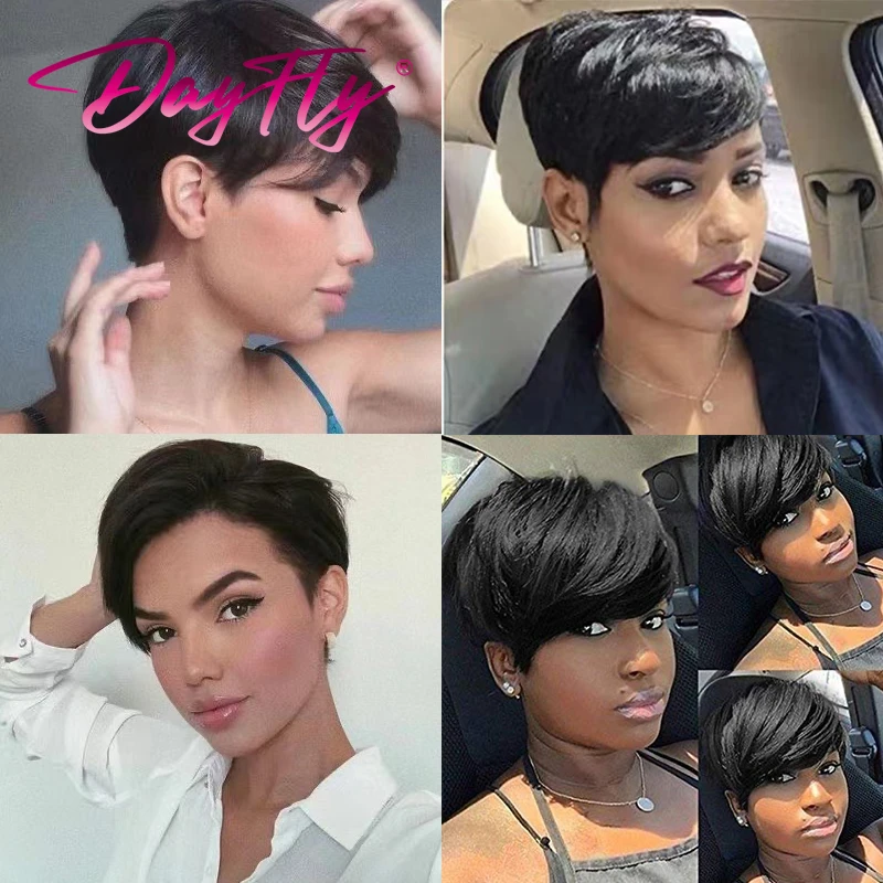 Short Human Hair Pixie Cut Wig Colored Natural Wave Wigs With Bangs Short Ombre Human Hair Wigs For Women Brazilian Hair Wig