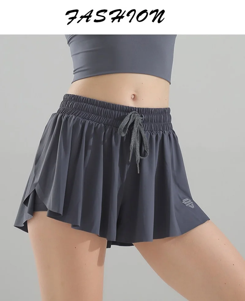 Новая плиссированная юбка Стиль Высокая талия спортивные шорты для спортзала Женская свободная Беговая удобная, сухая, дышащая тонкая мягкая поддельная две шорты для йоги