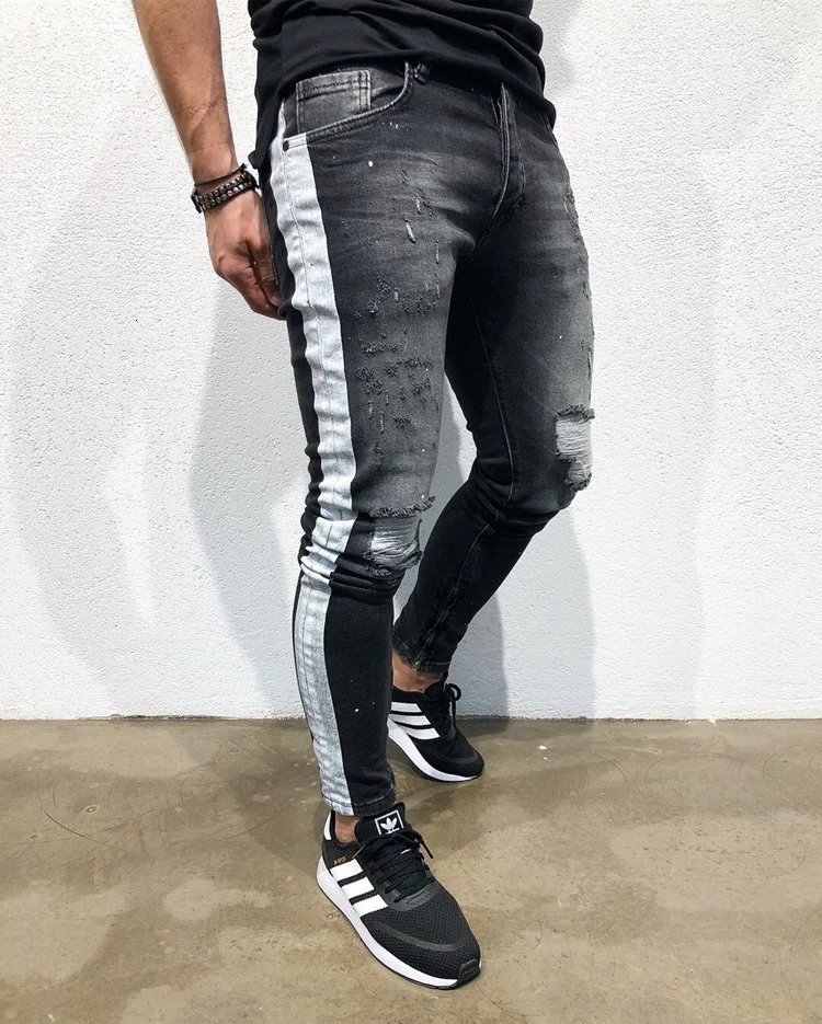 90% OFF Mens Fashion Pencil Jeans Slim Fit Skinny Denim Pants Fashion Design Side White Stripe Distressed Scratched Stretch Streetweer