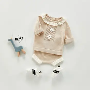 

Autumn winter baby lapel suit girls lace knitting pullover top full sleeve coat sweater bottoms toddler newborn sets 2pcs 0-24M