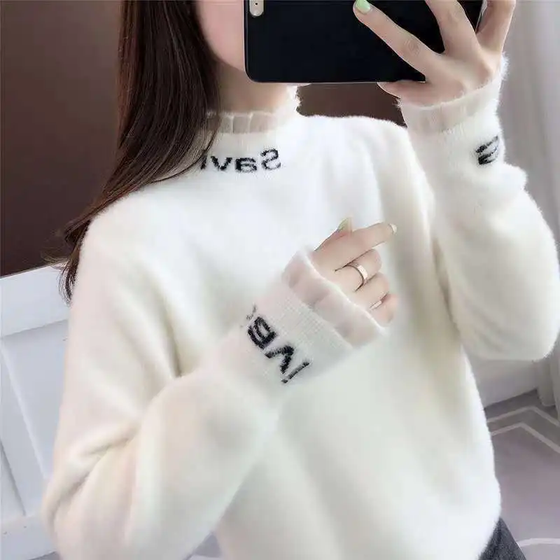 

White Fur Lace Letter Student Vest Pullover High Collar Warm Sweater Women's Sweaters Women Girl Pull Slim Top Cloth Outer Coat