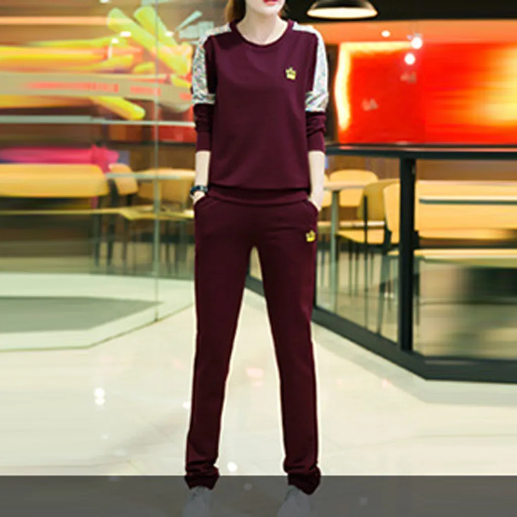 

Women Split 2 Piece Long Sleeve Set Casual Long Pants Casual Printing Sportswear