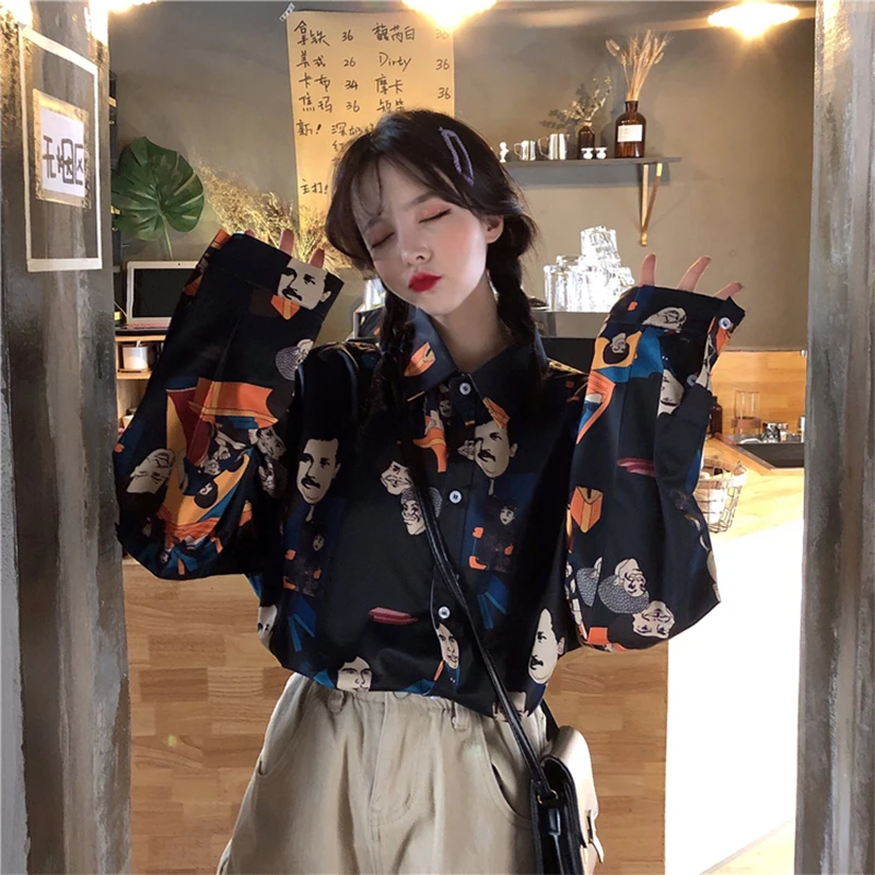 

Harajuku Women Blouse And Tops Printed Vintage Korean Spoof character Long Sleeve Casual Blusas Hawaiian Beach Female Lady Shirt