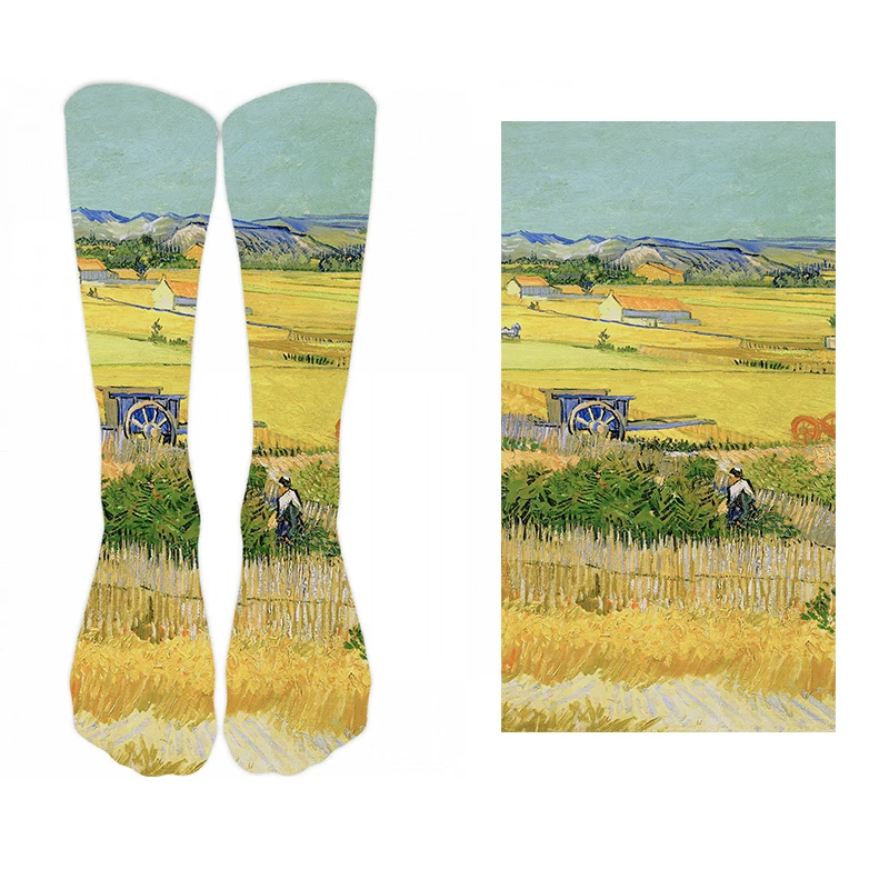 New Style Oil Painting Eiffel Tower Art Socks Men Women Pure Cotton Harajuku Retro Pastoral Scenery Happy Long Tube Funny Socks