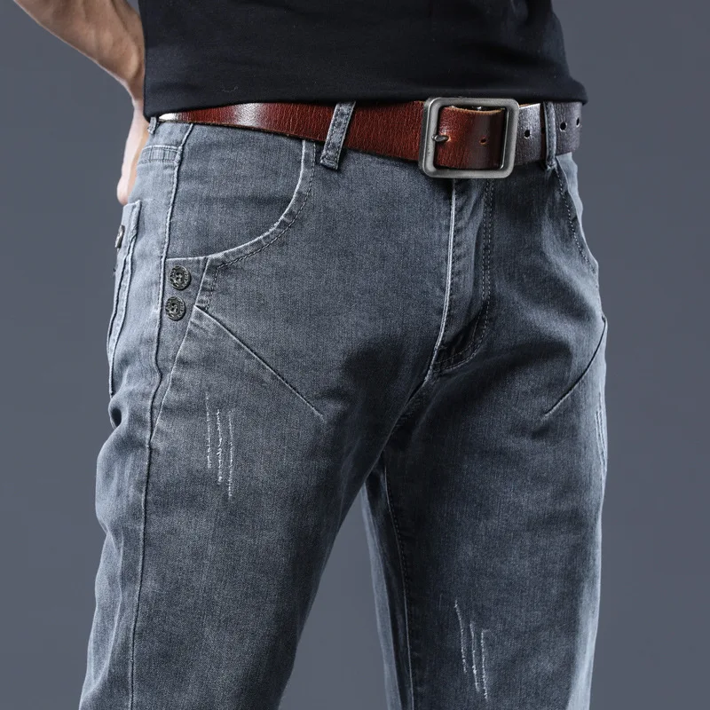 Pantalones vaqueros ajustados para hombre, pantalones vaqueros rectos para hombre, de cintura alta, ajustados, pantalones vaqueros, ropa informal gris
