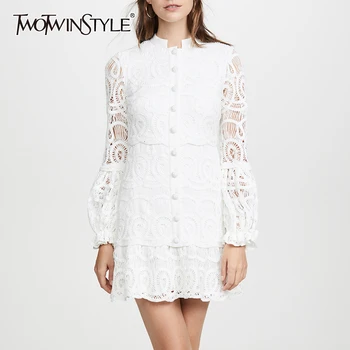 

TWOTWINSTYLE Patchwork Lace Hollow Out Dresses Female Stand Collar Lantern Long Sleeve High Waist Dress Women 2020 Clothing Tide