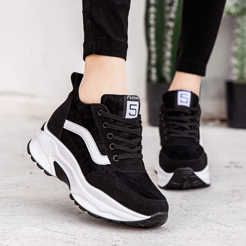 

4.5CM Hide Heels Leather Wedges Women Casual Shoes Fashion Sneakers Lace Up 4CM Platform Sneakers Women Autumn White Shoes XU169