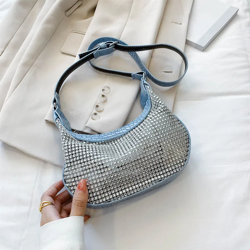 

PU Leather Women Hobos Handbags Fashion Ladies Mini Shoulder Armpit Bags Bright Diamond Chain Ladies Messenger Bags Clutch Purse