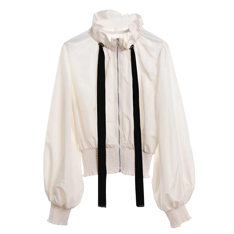 Women New Summer Autumn Zipper Jacket Flounce Rope Jacket Female Streetwear Stand Collar Long Lantern Sleeve Short Coat