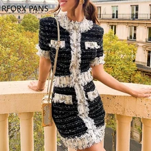 Клетчатое платье-блейзер на пуговицах с бахромой и цветными блоками