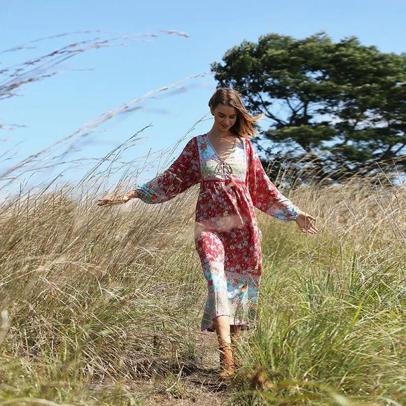 

2019 Autumn Women Floral Print Plus Size Ethnic Dress Lace Up Tassel Long Dress V-Neck Ladies Long Sleeve Boho Maxi Dress