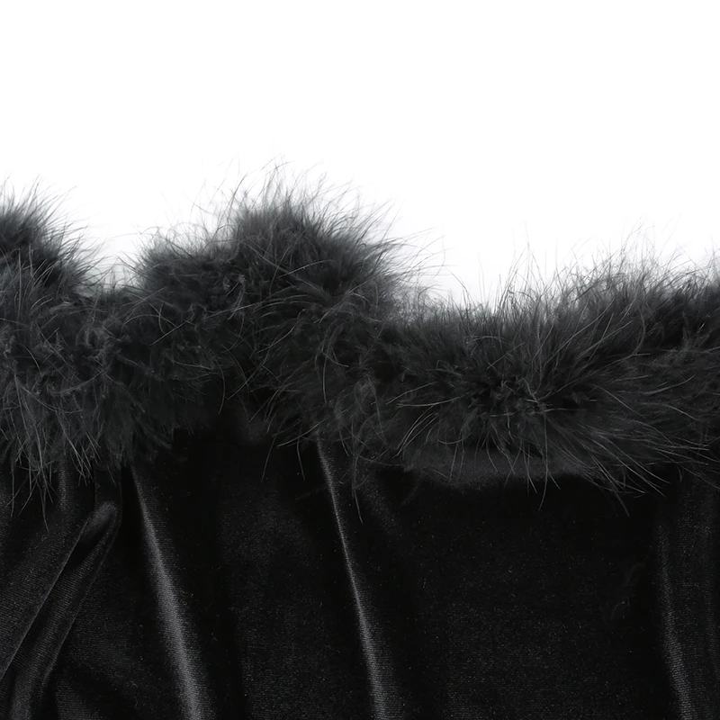 Waatfaak, Зимняя Сексуальная пушистая бархатная юбка, комплект из двух частей, женская футболка с открытыми плечами, длинный рукав, черная, высокая талия, юбка-трапеция