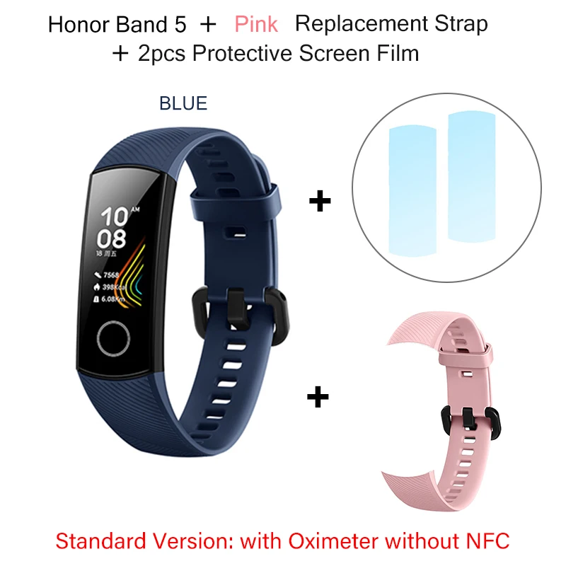 Huawei Honor Band 5 с NFC смарт-пульсоксиметром цветной экран плавучий ход Обнаружение монитор сердечного ритма во время сна Honor Band 5 синий розовый - Цвет: band5 2film strap