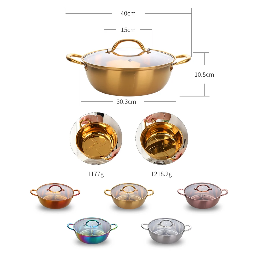 Durable Stainless Steel Copper Hot Pot Compatible Pot Home Kitchen Cookware Soup Table Cooking Pot with Glass Lid Twin Divided
