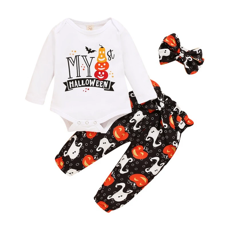 

Autumn Baby Girl Boy Halloween Long Sleeve Letters Romper Tops+Pattern Printed Pants+Headband Casual Costume Set