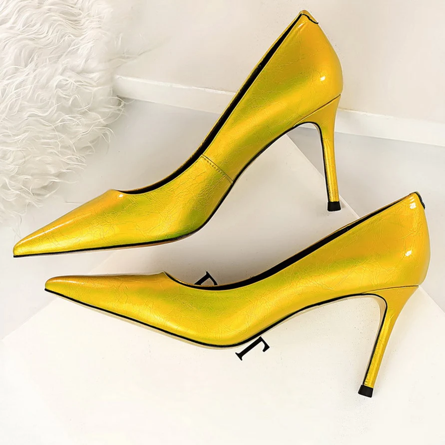 

2020 Women 8cm High Heels Pumps Plus Size 43 Stripper New Valentine Lady Shoes Low Heel Scarpins Yellow Green Blue Sexy Pumps
