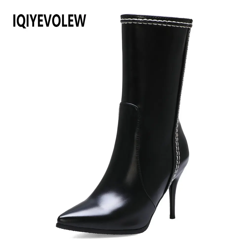 

Mid Calf Boots Women Stiletto High Heel Pointed Toe Stretchy Socks Boots Side Zippers Leather Dress Party Wedding Pumps Shoes