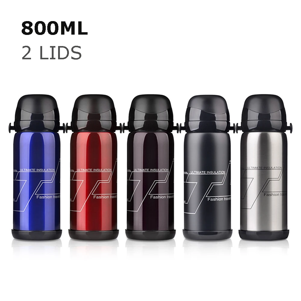 800ml Stainless Steel Insulated Hot Water Thermos Bottle Two Lids Large