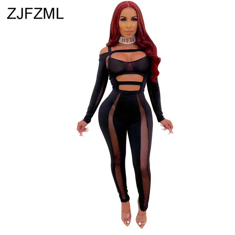 

Slash Neck Waist Band Cut Out Sexy Club Jumpsuit Women Backless Transparent Bandage Playsuit Plus Size Black One Piece Bodysuit
