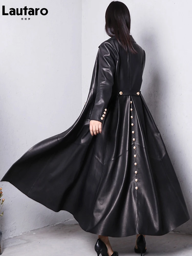 

Lautaro Autumn Long Skirted Red Black Faux Leather Trench Coat for Women Double Breasted Elegant Luxury Fashion 4xl 5xl 6xl 7xl