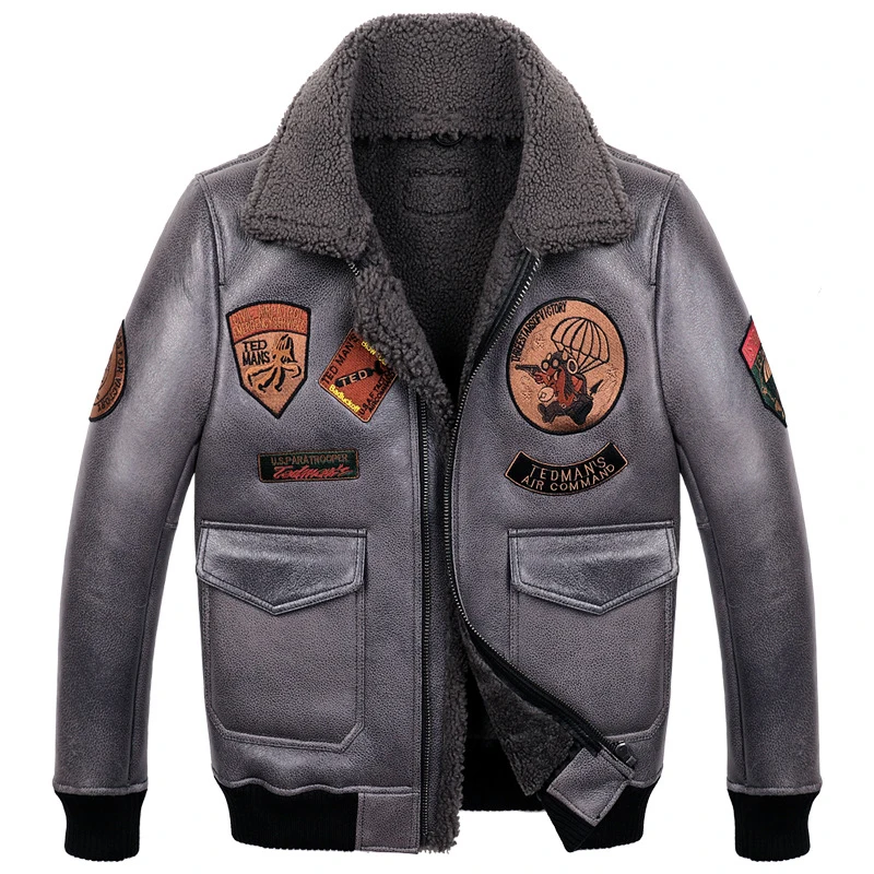 ABOORUN B3 Flight-pilot Натуральная овечья шерсть, мужская куртка из натуральной кожи, зимняя теплая тонкая Шуба для мужчин R3333 - Цвет: Серый