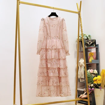 

HAMALIEL High Quality Ladies Layer Ruffles Long Dress Spring Autumn Pink Floral Embroidery Lace Dress Vintage Hollow Out Dress