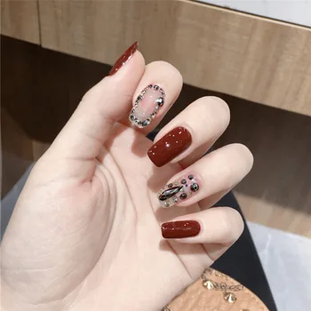 

24pcs/box Wine Red Black Water Droplets and Rhinestone Decorated Full Cover Fake Nails with glue Mid-length Square Head press on