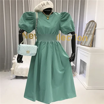 

Vintage Dress A-Line Solid Puff Sleeve Mid-Calf O-Neck Elegant Dresses Vestidos Novos De 2020 women clothes green blue