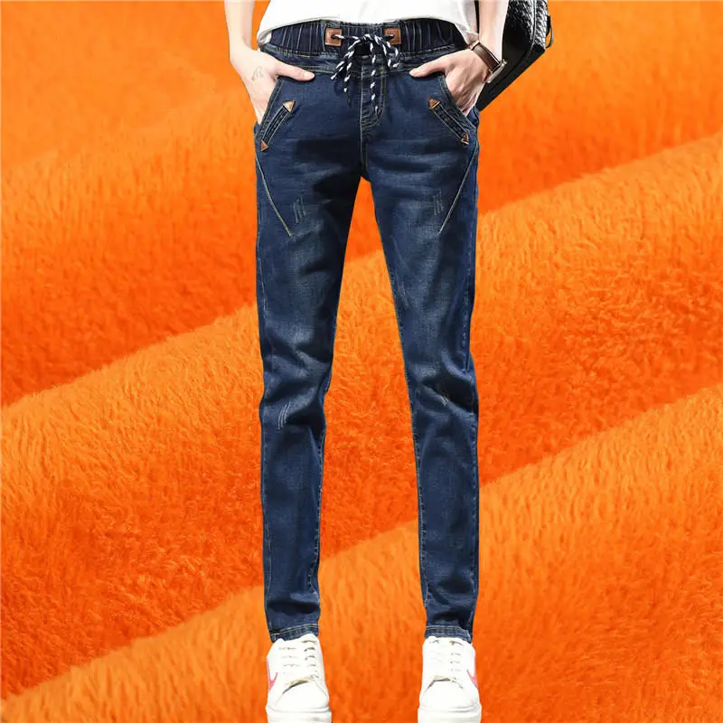 Теплые джинсы с высокой талией женские плюс бархатные джинсовые штаны-шаровары повседневные эластичные уличные брюки женские джинсы Pantalones Mujer Q2039 - Цвет: 302 Dark blue jeans