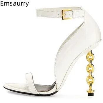 

Chic Sexy Metal Chian High Heel Sandals Women One Strap Cover Heel Ankle Strap Sandalias Slim Shallow Shoes Woman