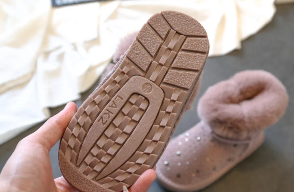 winter kids snow boots baby girls crystal shoes genuine leather fur pink ankle boots school children warm plush boots