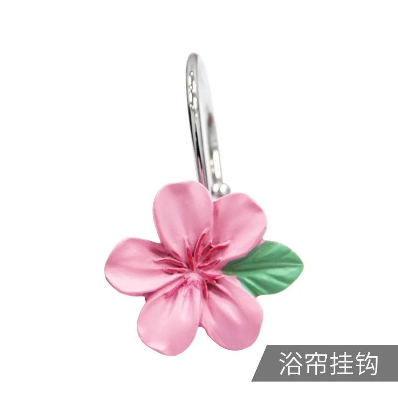 12pcs/pack Delicate Pink Peach Flower Shower Curtain Rings And Hooks Set-Elegant Bath Curtain Accessories