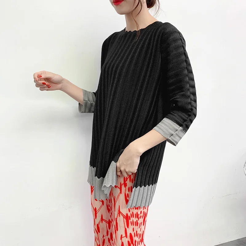 Miyake fold heavy industry/новая осенне-зимняя черная тонкая футболка юбка в семь точек рубашка с круглым воротником