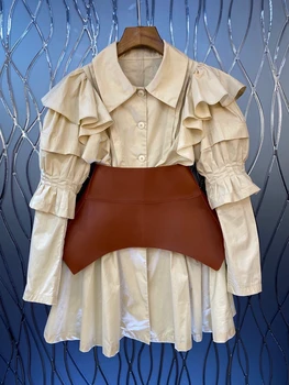 

2020 Autumn new women's lapel wooden ear irregular stitching color matching PU waist cover midi top 924