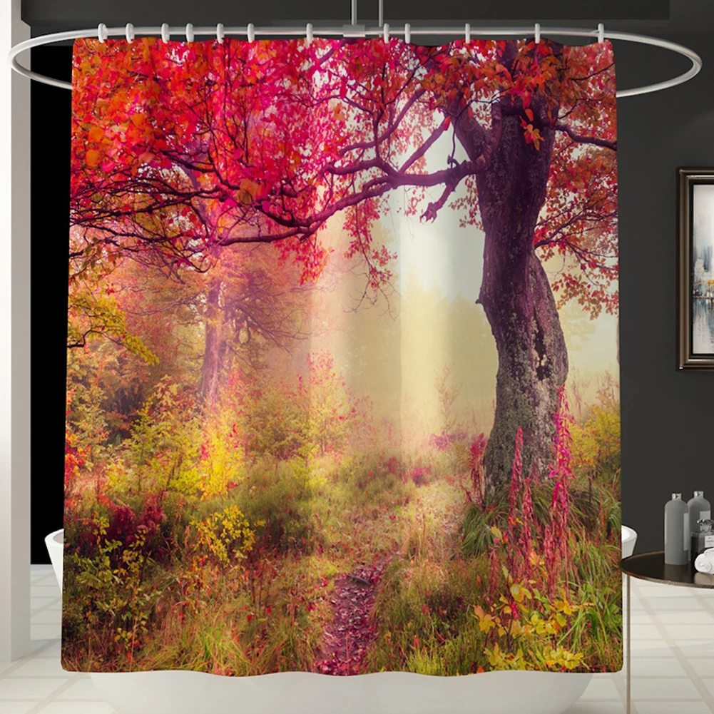4pcs Red Tree Bath Mats Accessories Soft Floor Non Slip Shower Curtain Set Bathroom Practical 12 Hooks Cover Home Decor Washable