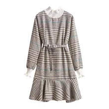 Plaid Gedrukt jurk Vrouwen Lange Mouwen Elastische Taille Bandage Jurken 2019 Herfst Winter Formele Jurk Vrouwen Elegant Zonnejurk(China)