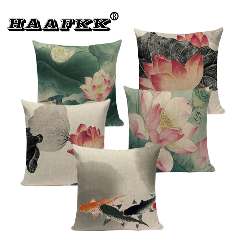 Хлопковая подушка в китайском стиле с лотосом ретро для офиса автомобиля дивана