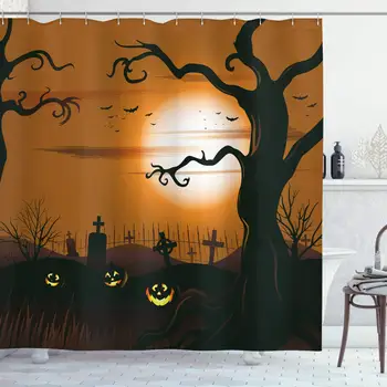

Halloween Shower Curtain, Leafless Creepy Tree with Twiggy Branches at Night in Cemetery Graphic Drawing, Cloth Fabric Bathroom