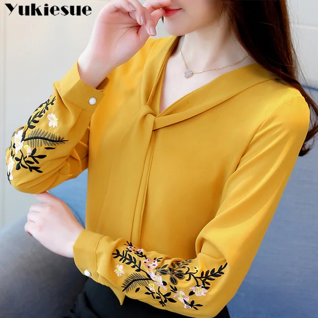 US $8.97 Long sleeve embroidery chiffon blouse womens tops and blouses shirt 2019 office lady shirt women to