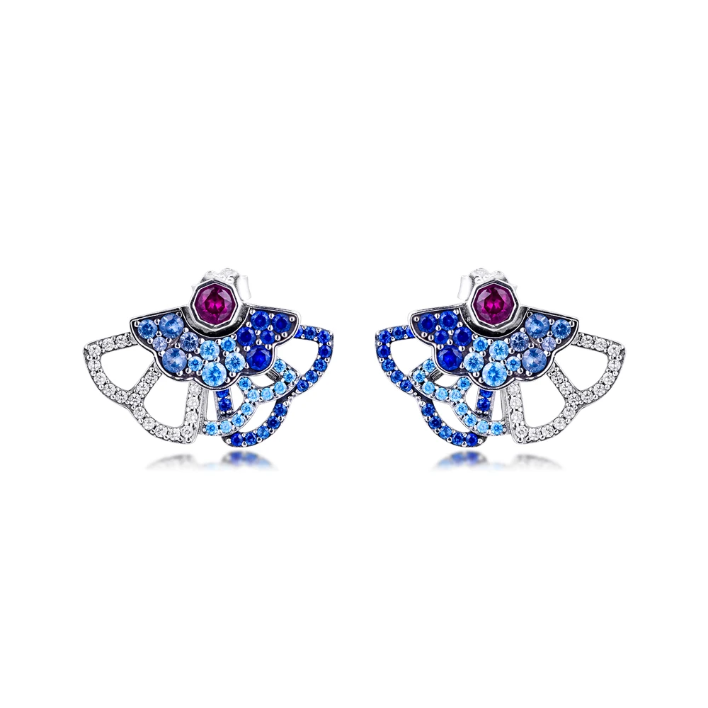 

Authentic 925 Sterling Silver Earring Blue & Pink Fan Statement Stud Earrings for Women Jewelry Ear Brincos Free Shipping