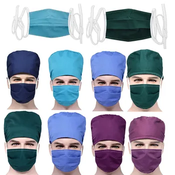 

Breathable Sweatband Caps Doctor Work Hat+Mask Set Men Cotton Hospital Surgical Cap Unisex Adjustable Nurse Surgery Hats Masks