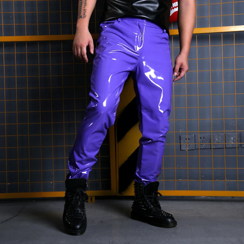 

Fashion Show Singer Dancer Hip Hop Style Slim Fit Trousers Custom Made Stage Costumes Men Purple Casual Leather Pant Male