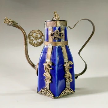 

Exquisite Chinese Antique home decorative Blue Porcelain Teapot Inlaid with Tibetan Silver Animal Stautes
