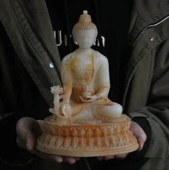 

wedding decoration 9"Chinase old White jade Hand-carved Shakyamuni Sakyamuni Buddha Medicine Buddha