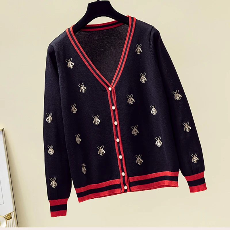 Cardigan Black Woman Sweaters Long-Sleeve Honey Female Knitwear-Tops Embroidery V-Neck