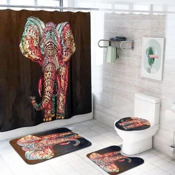 

4Pcs/Set Animal Themed Print Bathroom Accessories Set Non-Slip Flannel Shower Bath Rug Mats With Hanging Hooks cheap YH