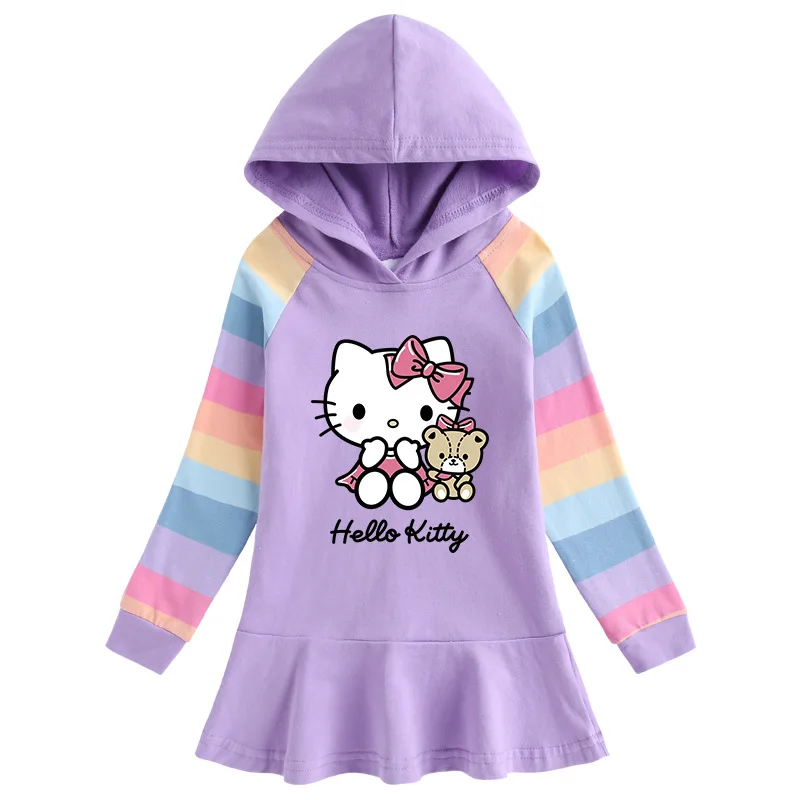 thumbnail image 1 of Hello Kitty primavera y otoño nuevo algodón dibujos animados Arco Iris niñas vestido de manga larga con capucha suéter vestido de princesa, 1 of 5